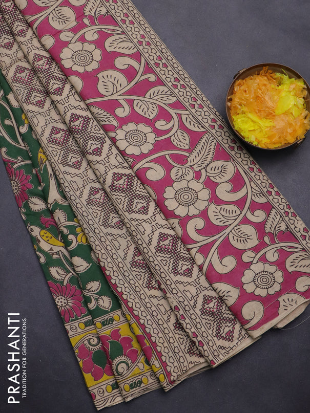 Kalamkari cotton saree green and yellow with allover prints and printed border