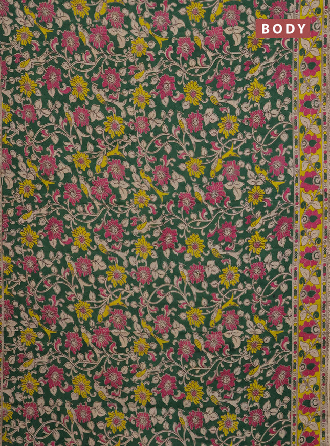 Kalamkari cotton saree green and yellow with allover prints and printed border