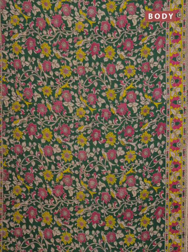 Kalamkari cotton saree green and yellow with allover prints and printed border