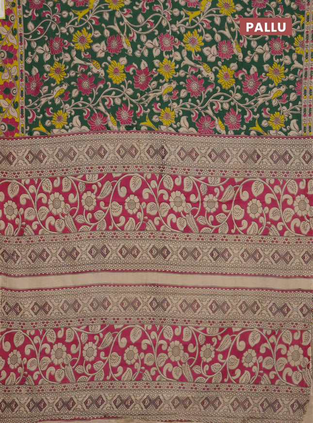 Kalamkari cotton saree green and yellow with allover prints and printed border