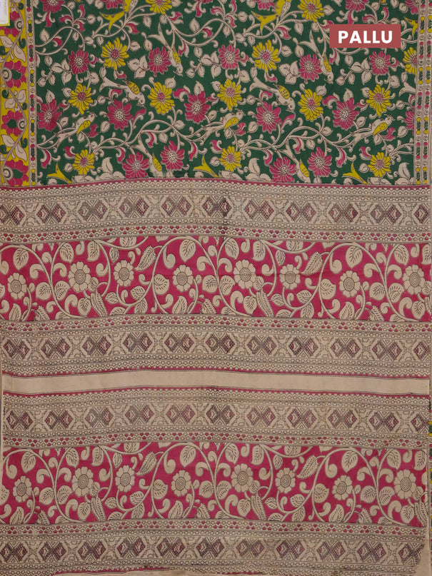 Kalamkari cotton saree green and yellow with allover prints and printed border