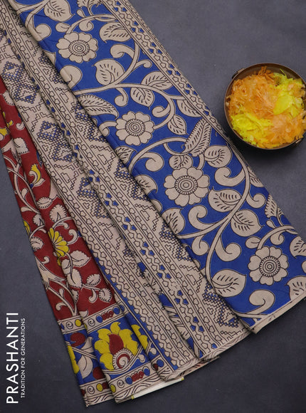 Kalamkari cotton saree maroon and blue with allover prints and printed border