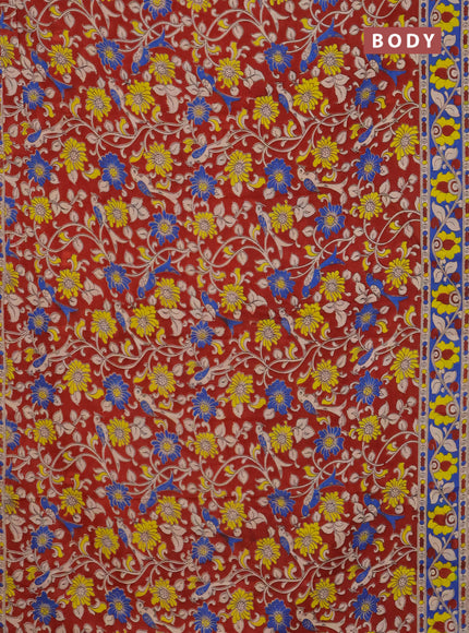 Kalamkari cotton saree maroon and blue with allover prints and printed border