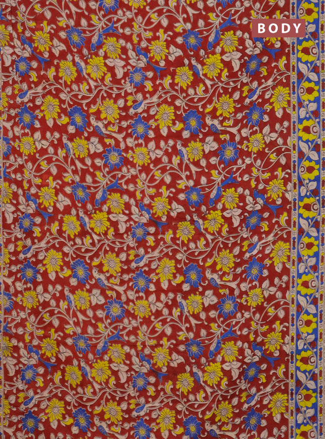 Kalamkari cotton saree maroon and blue with allover prints and printed border