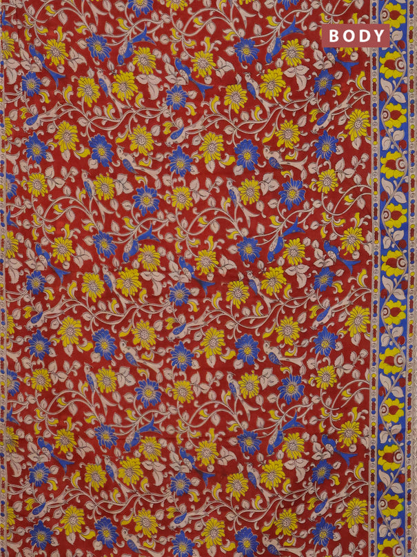 Kalamkari cotton saree maroon and blue with allover prints and printed border