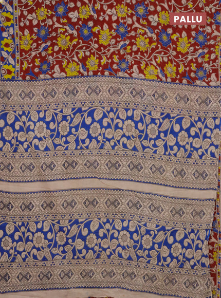 Kalamkari cotton saree maroon and blue with allover prints and printed border