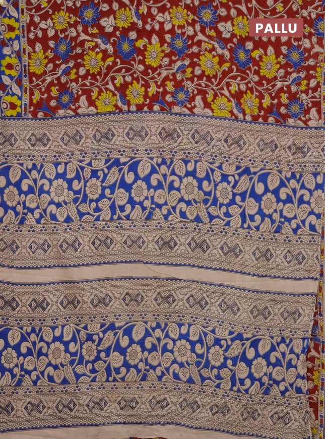 Kalamkari cotton saree maroon and blue with allover prints and printed border