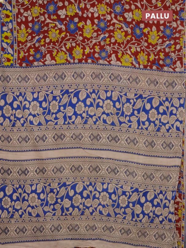 Kalamkari cotton saree maroon and blue with allover prints and printed border
