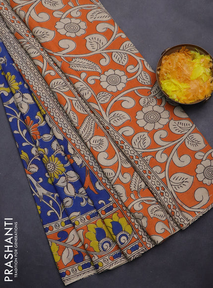 Kalamkari cotton saree blue and orange with allover prints and printed border