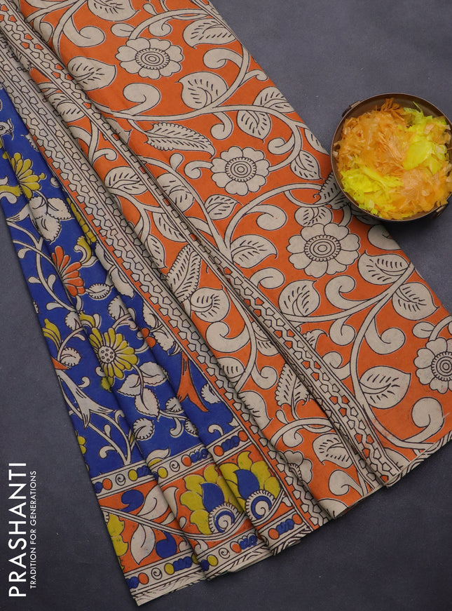Kalamkari cotton saree blue and orange with allover prints and printed border