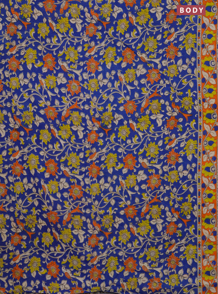 Kalamkari cotton saree blue and orange with allover prints and printed border