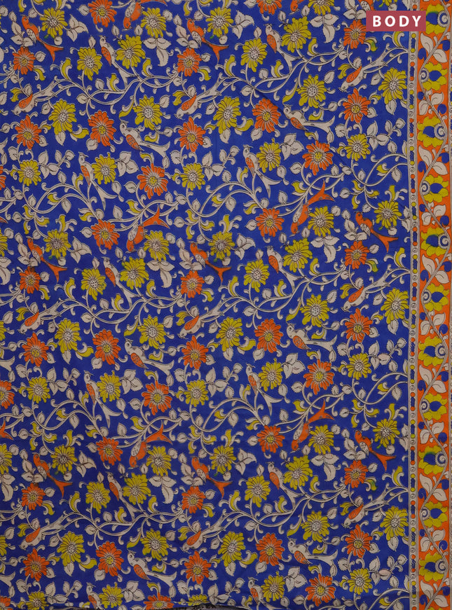 Kalamkari cotton saree blue and orange with allover prints and printed border