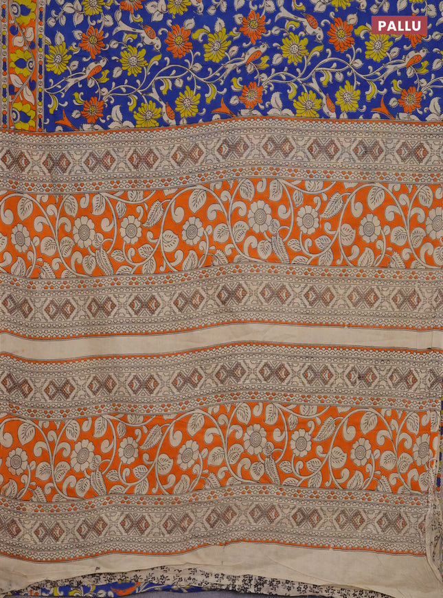 Kalamkari cotton saree blue and orange with allover prints and printed border