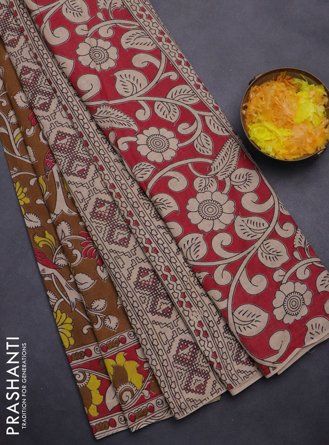 Kalamkari cotton saree brown with allover prints and printed border
