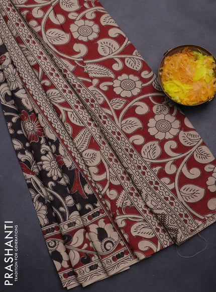 Kalamkari cotton saree black and beige with allover prints and printed border