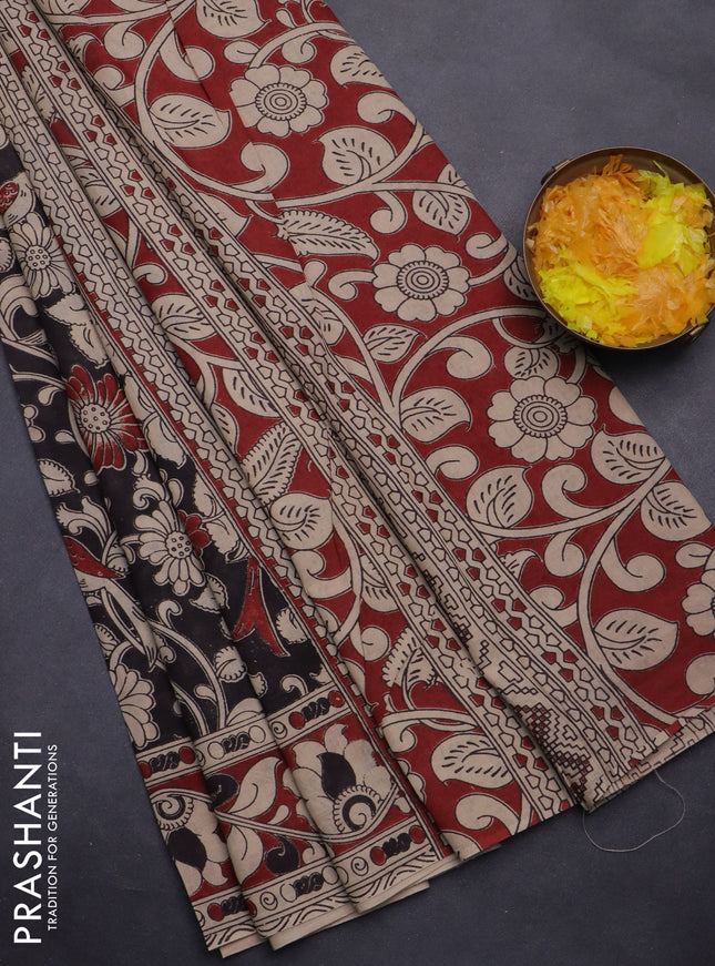 Kalamkari cotton saree black and beige with allover prints and printed border