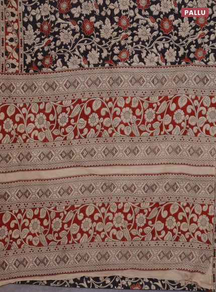Kalamkari cotton saree black and beige with allover prints and printed border