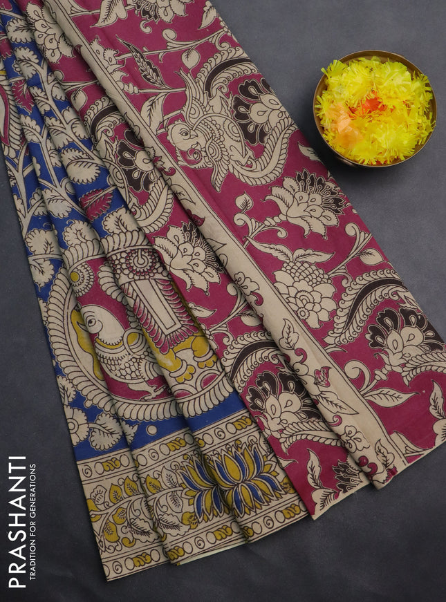 Kalamkari cotton saree blue and beige with allover prints and printed border