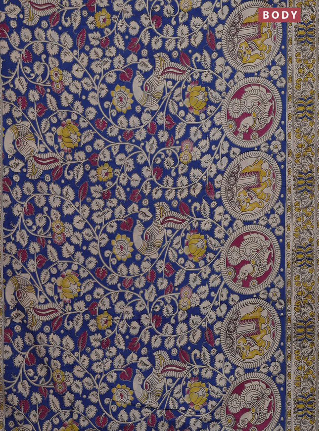 Kalamkari cotton saree blue and beige with allover prints and printed border
