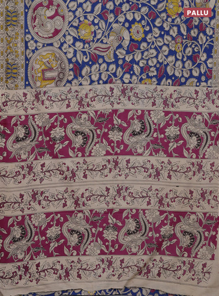 Kalamkari cotton saree blue and beige with allover prints and printed border