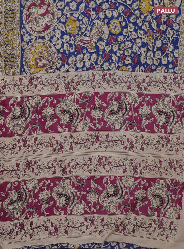Kalamkari cotton saree blue and beige with allover prints and printed border