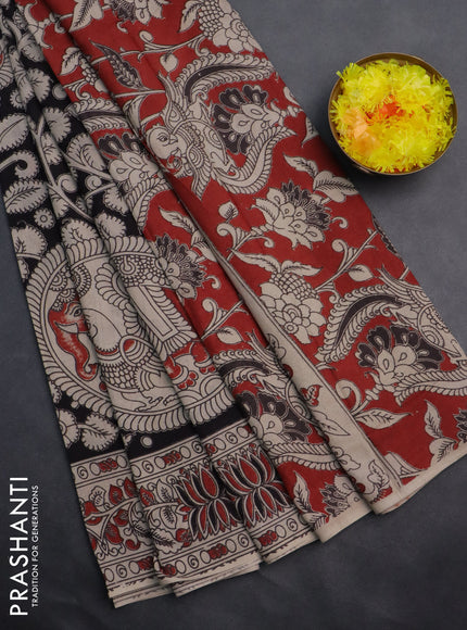Kalamkari cotton saree black and beige with allover prints and printed border
