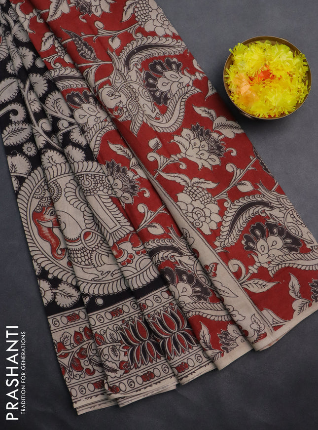 Kalamkari cotton saree black and beige with allover prints and printed border