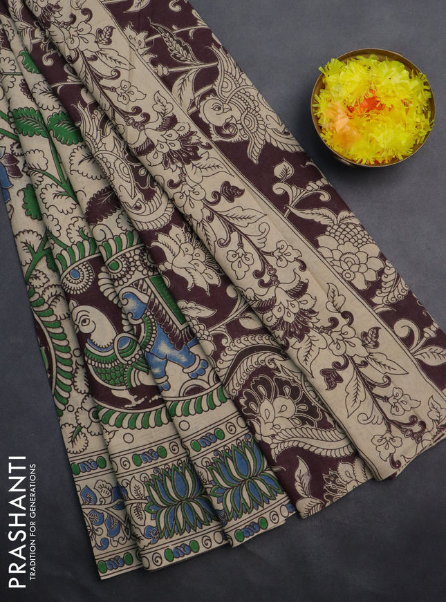Kalamkari cotton saree beige with allover prints and printed border