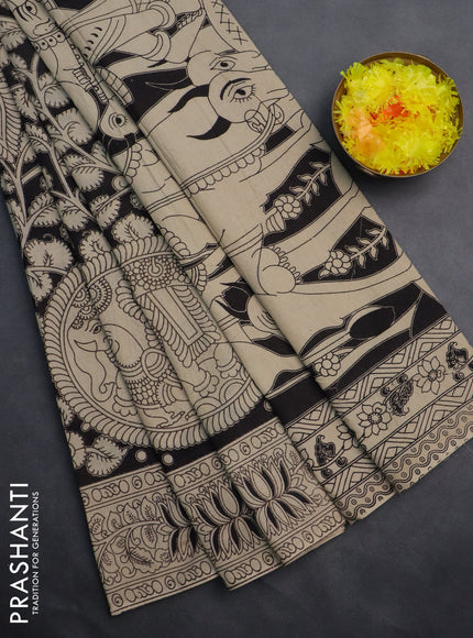 Kalamkari cotton saree black and beige with allover prints and printed border