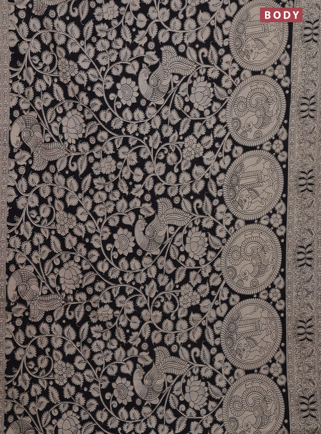 Kalamkari cotton saree black and beige with allover prints and printed border