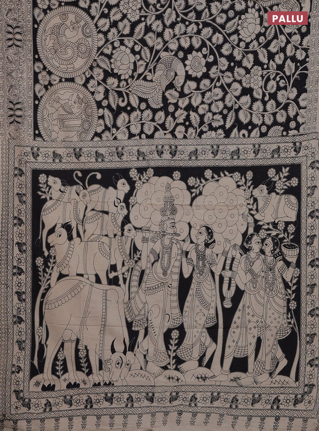 Kalamkari cotton saree black and beige with allover prints and printed border
