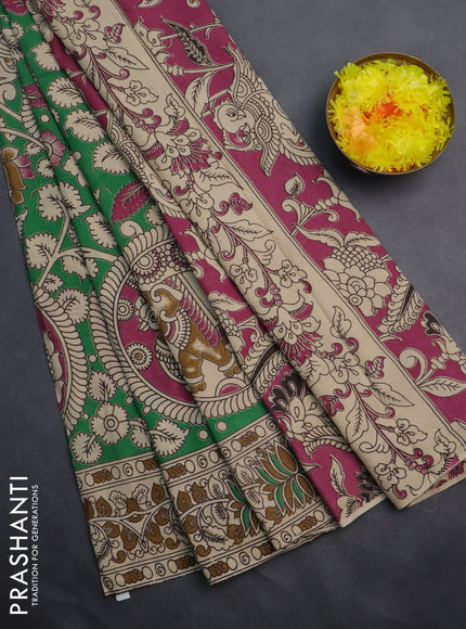 Kalamkari cotton saree green and beige with allover prints and printed border