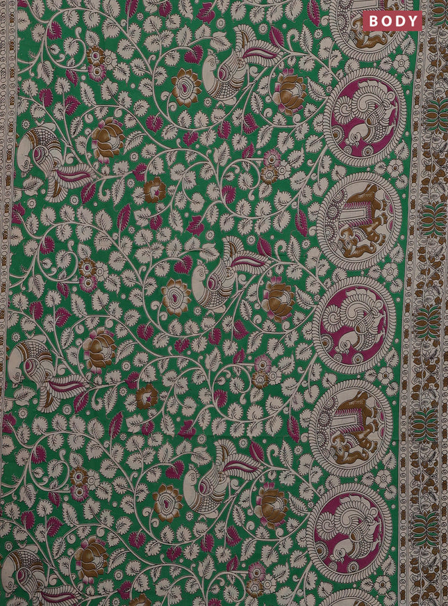 Kalamkari cotton saree green and beige with allover prints and printed border