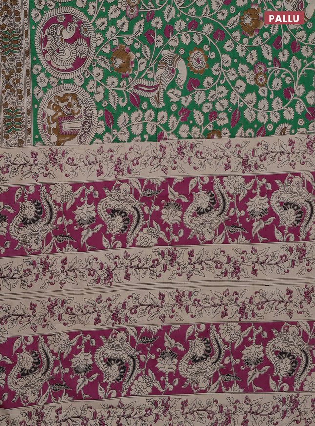 Kalamkari cotton saree green and beige with allover prints and printed border