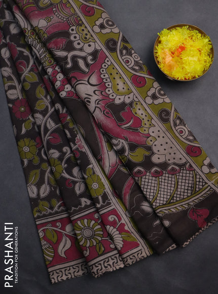 Kalamkari cotton saree coffee brown and pink with allover prints and printed border