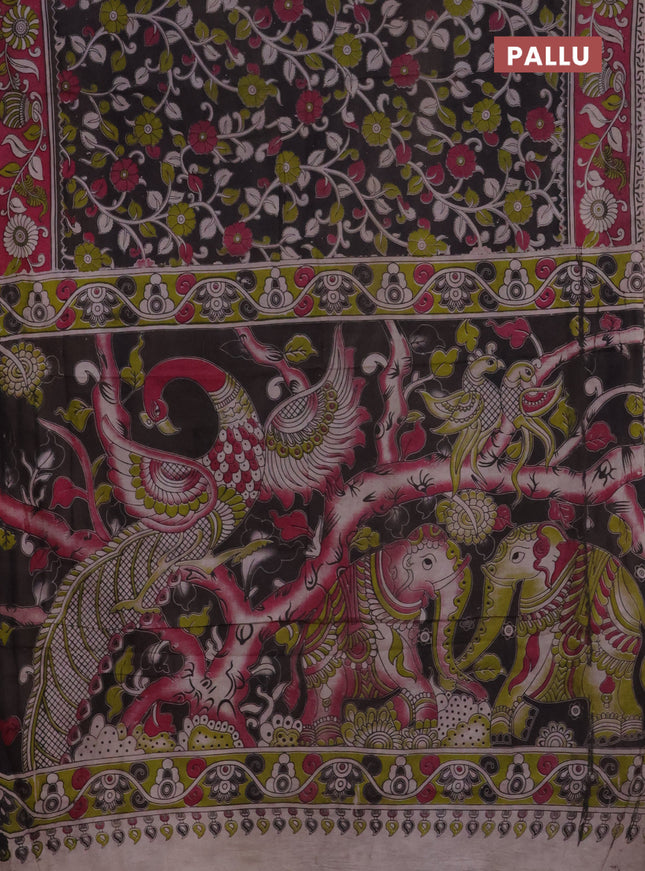 Kalamkari cotton saree coffee brown and pink with allover prints and printed border
