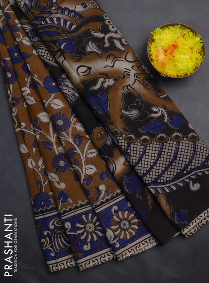 Kalamkari cotton saree dark mustard and blue with allover prints and printed border