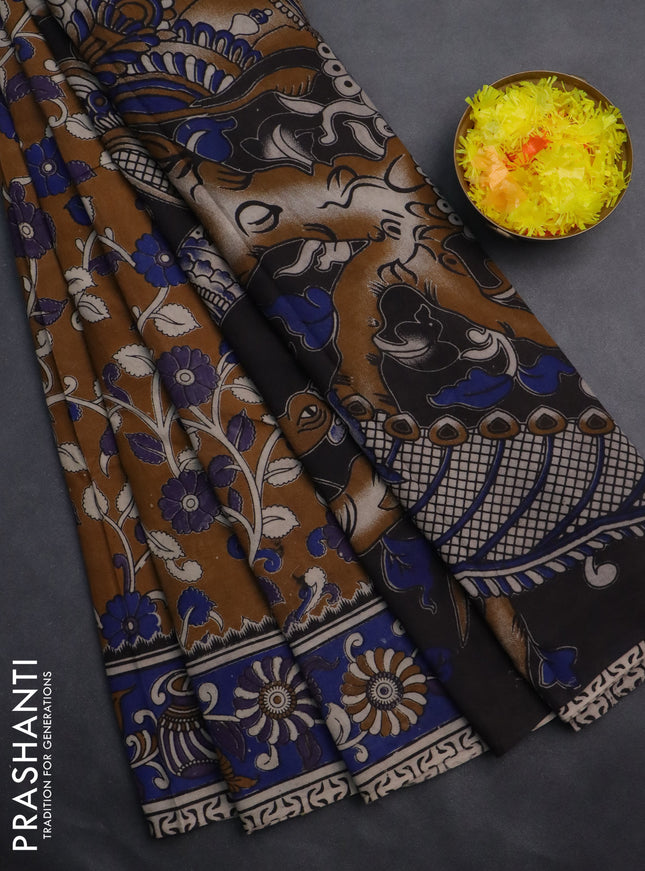 Kalamkari cotton saree dark mustard and blue with allover prints and printed border