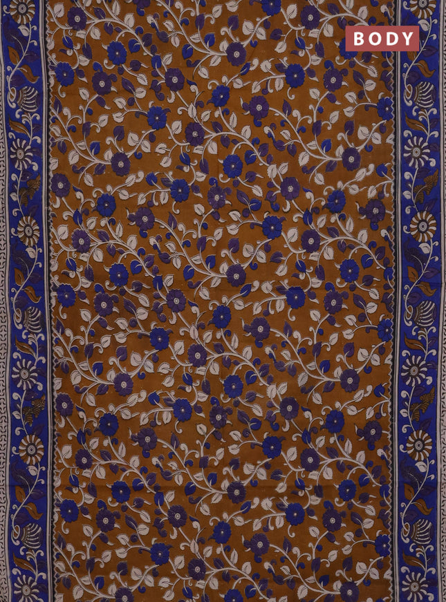 Kalamkari cotton saree dark mustard and blue with allover prints and printed border