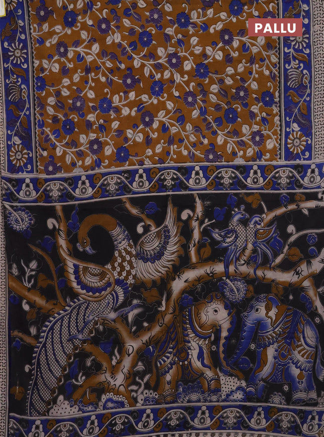 Kalamkari cotton saree dark mustard and blue with allover prints and printed border
