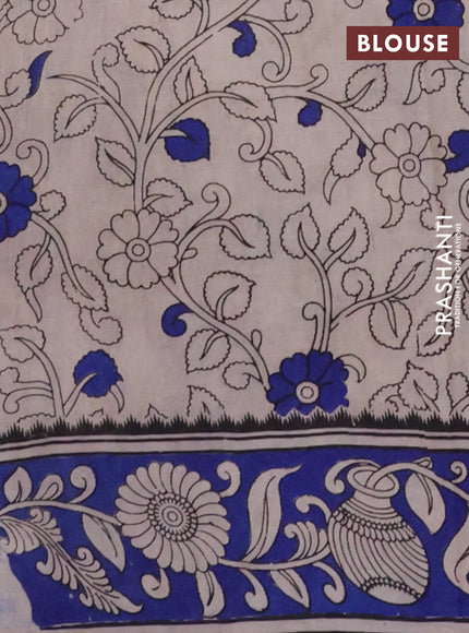 Kalamkari cotton saree dark mustard and blue with allover prints and printed border