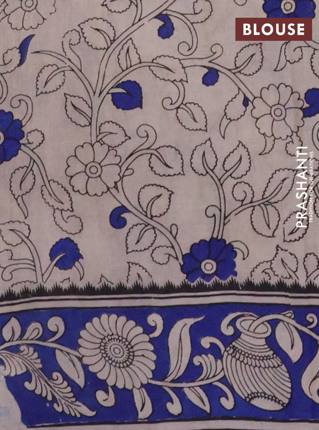 Kalamkari cotton saree dark mustard and blue with allover prints and printed border