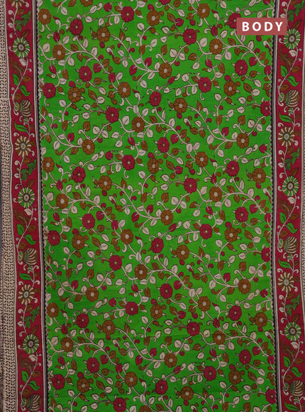 Kalamkari cotton saree light green and pink with allover prints and printed border