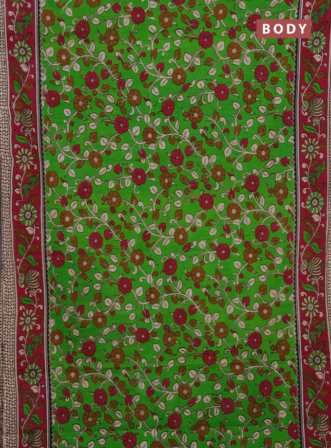 Kalamkari cotton saree light green and pink with allover prints and printed border