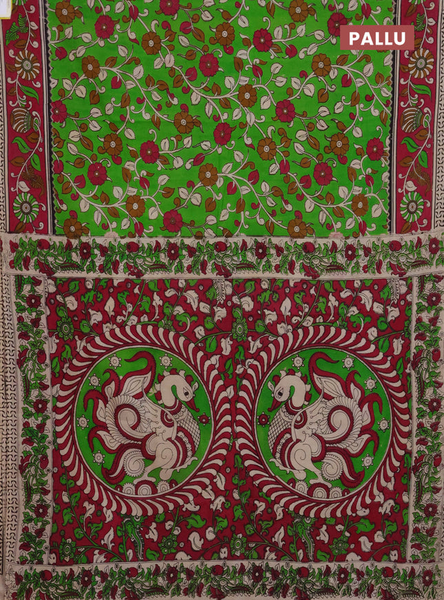 Kalamkari cotton saree light green and pink with allover prints and printed border