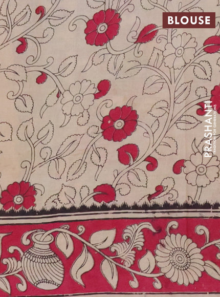 Kalamkari cotton saree light green and pink with allover prints and printed border