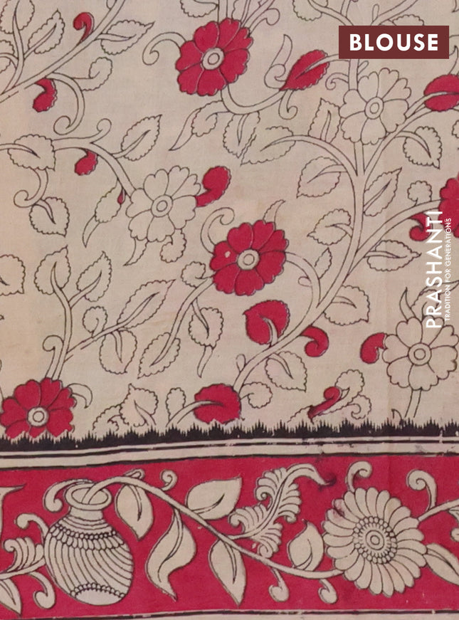 Kalamkari cotton saree light green and pink with allover prints and printed border