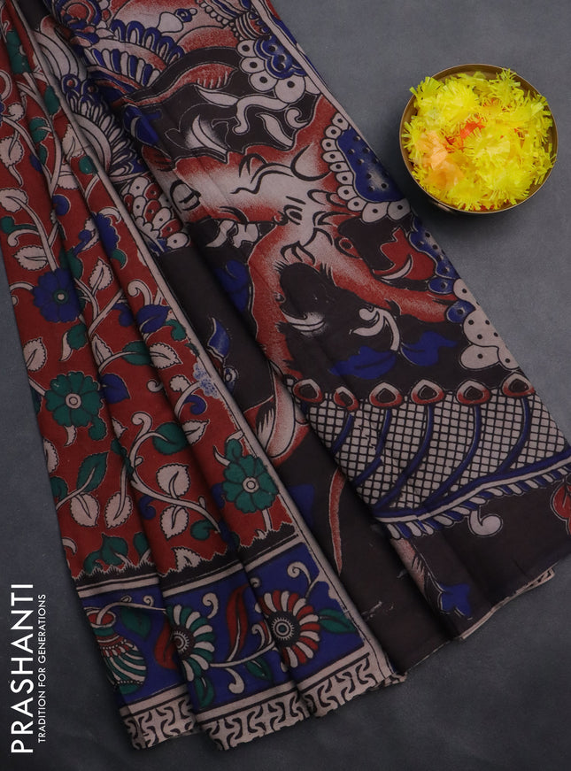 Kalamkari cotton saree maroon and blue with allover prints and printed border