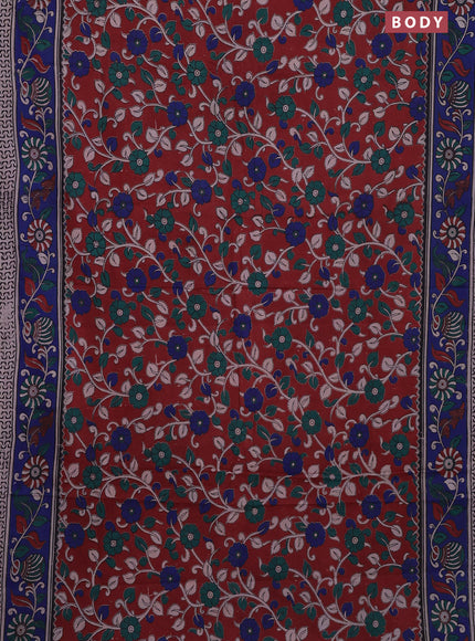 Kalamkari cotton saree maroon and blue with allover prints and printed border