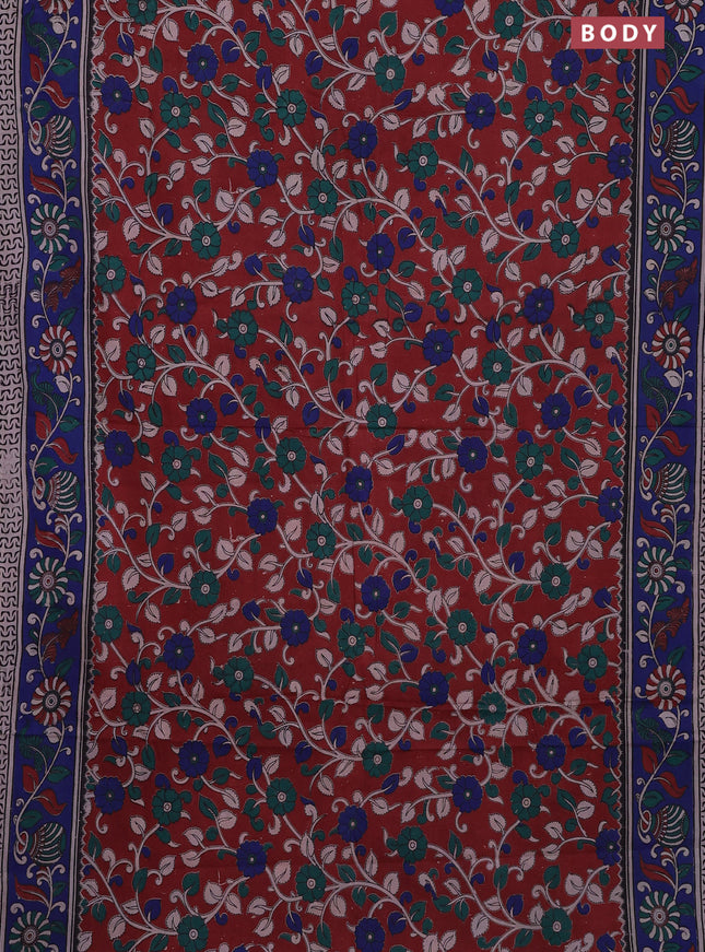 Kalamkari cotton saree maroon and blue with allover prints and printed border